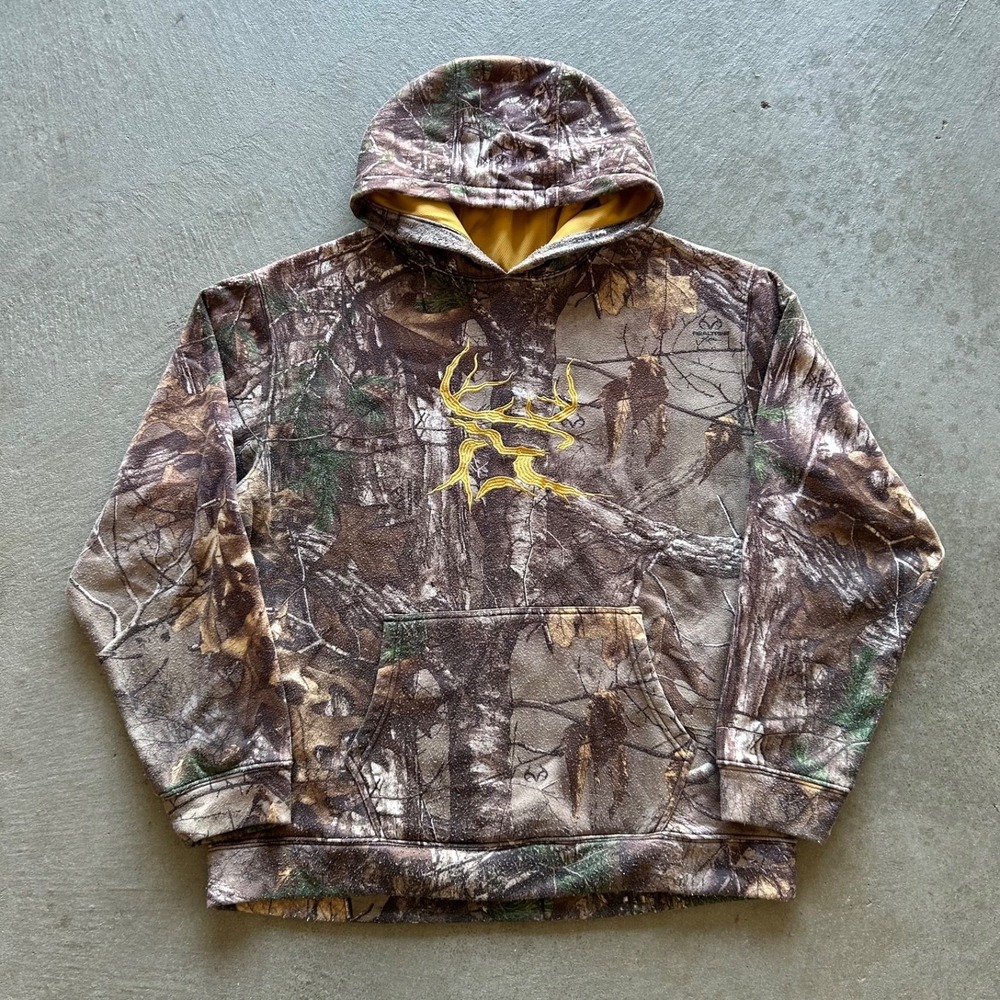 Vintage Bushmaster Real Tree‎ Camo Sweatshirt Size Large Brown Hoodie Grunge